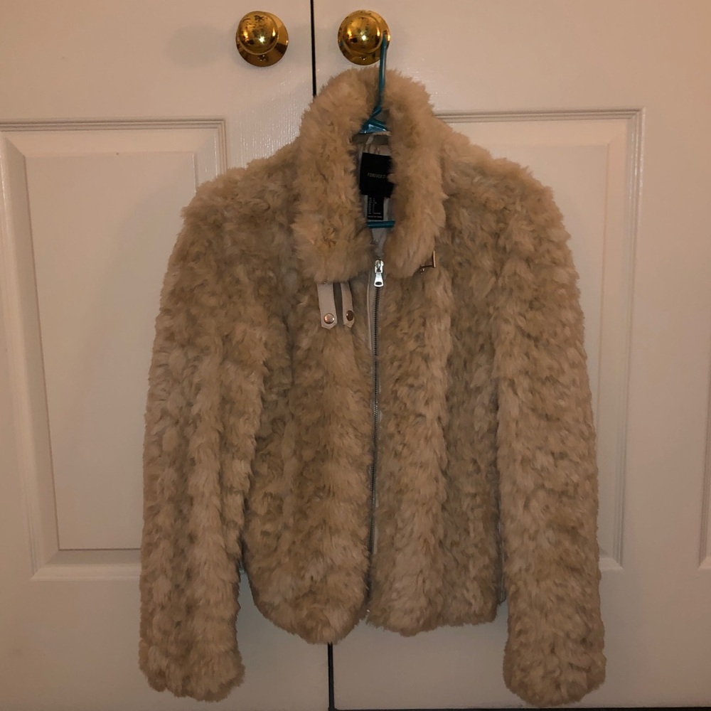 Beige Faux Fur Zip Jacket